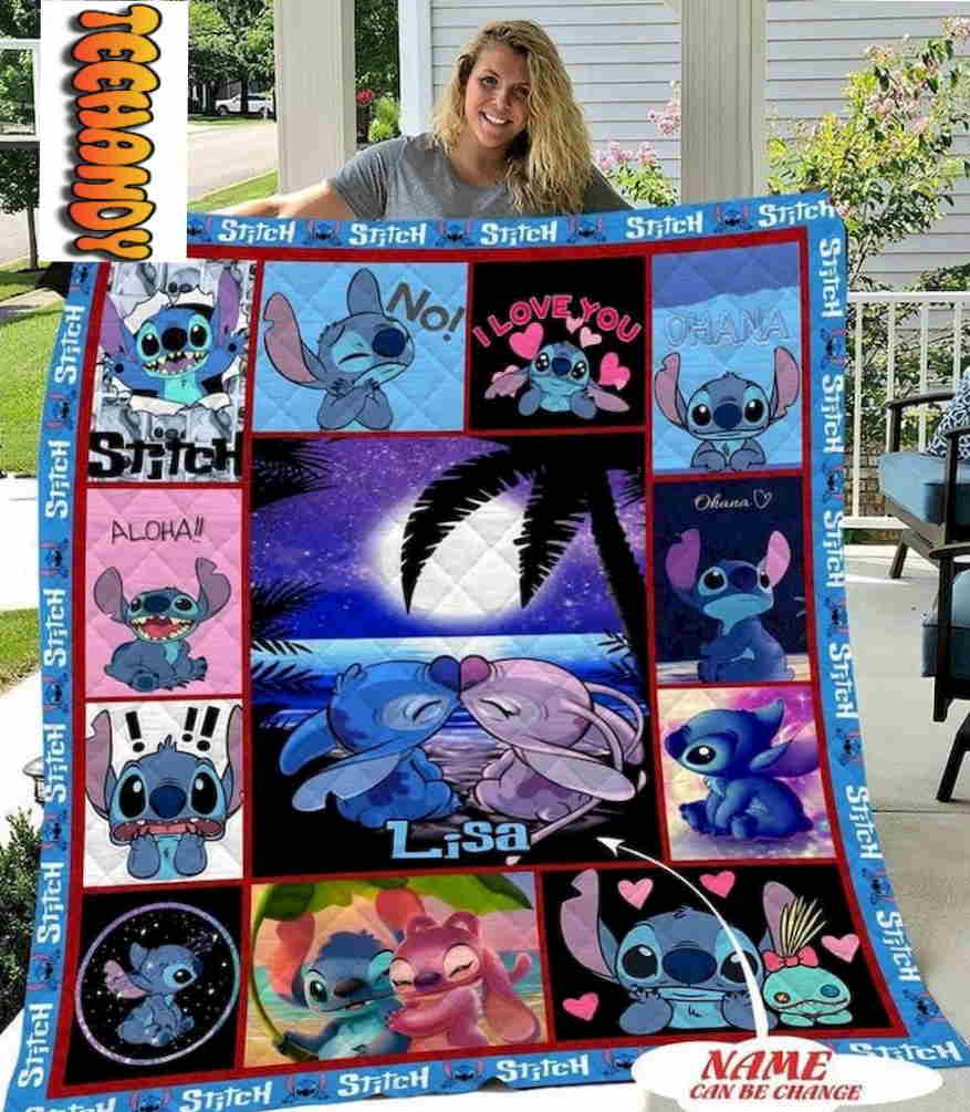 Stitch Kiss Ohana on Beach Custom Name Blanket