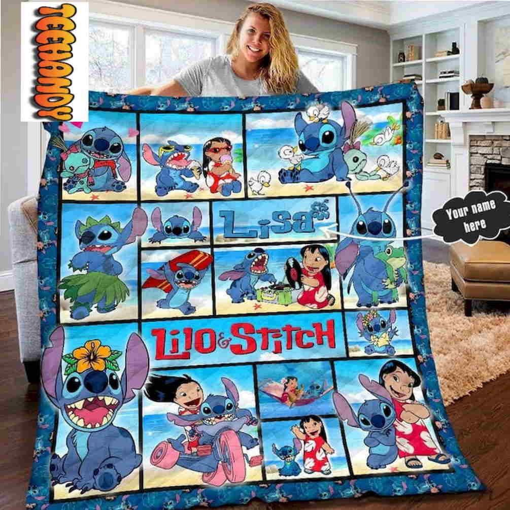 Stitch Play on Beach Custom Name Blanket