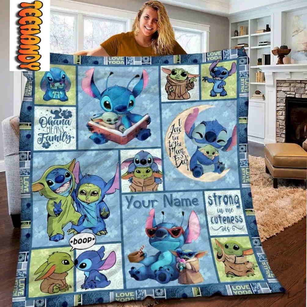 Strong In Me Cuteness Stitch and Yoda Custom Name Blanket