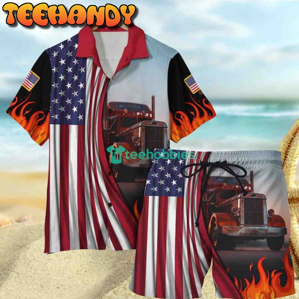 Truck With Fire Background Hawaiian Shirt And Short