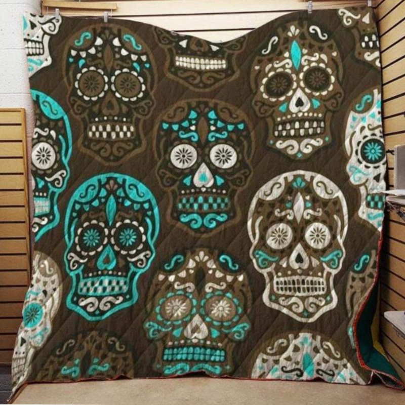 Turquoise Sugar Skull Fabric 3D Customized Quilt Blanket