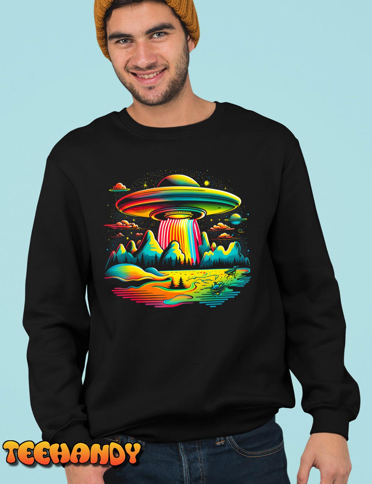 UFO Alien Retro Bright Mountain Lake Camping Visitor T-Shirt