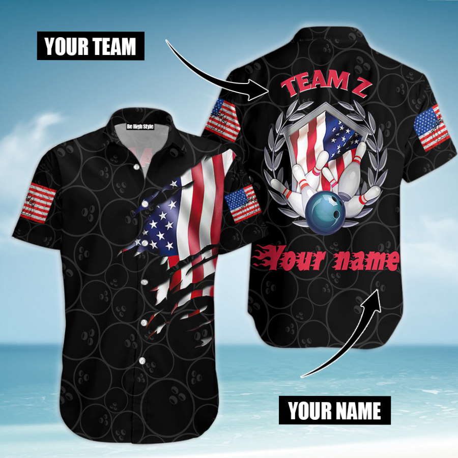 United States Flag Bowling Team Custom Name Hawaiian Shirt