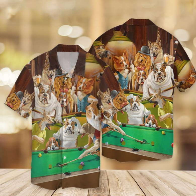 Vintage Dogs Playing Pool Hawaiian Shirt