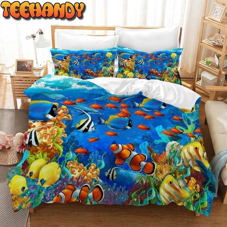 3D Blue Seabed Ocean Fish Printed Bedding Set