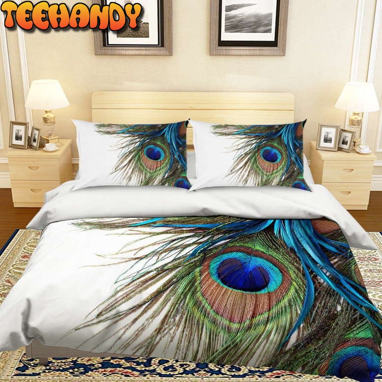 3D White Green Blue Peacock Feather Printed Bedding Set