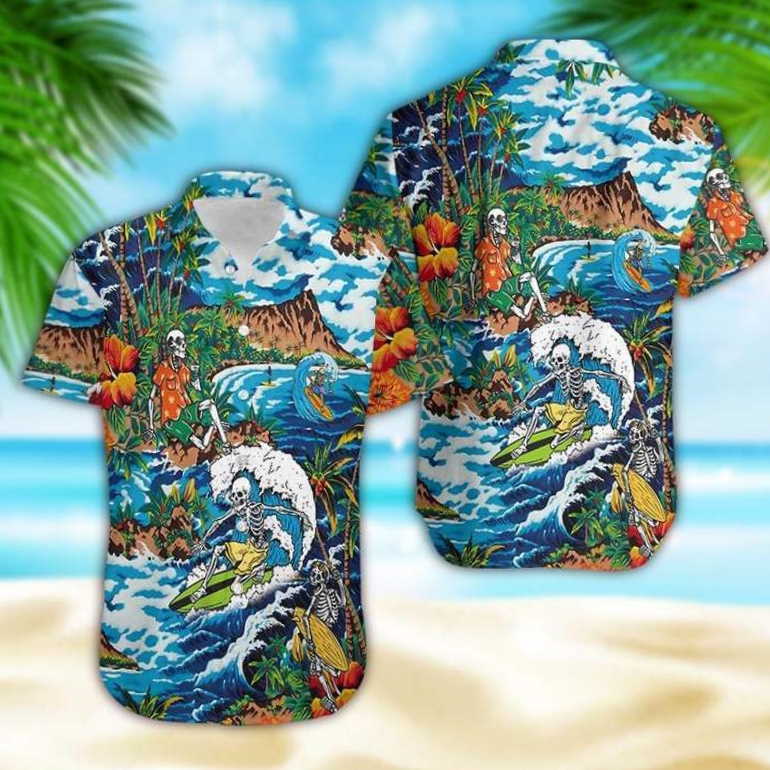 Amazing Skeleton Surfing On Tropical Island Halloween Hawaiian Shirt