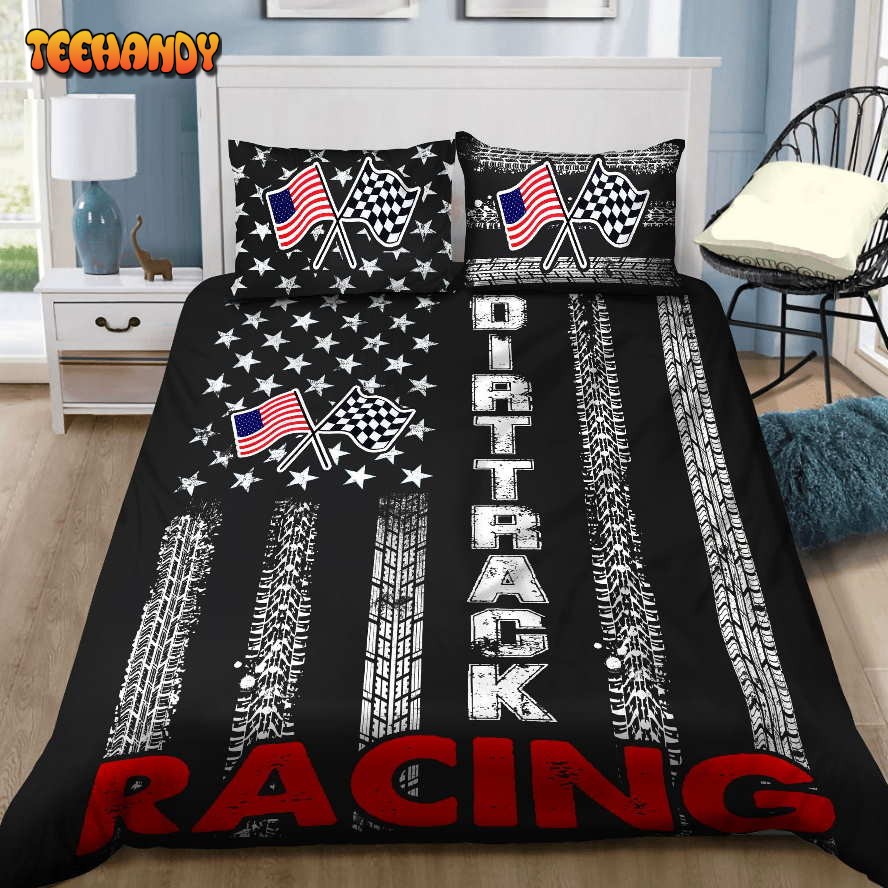 Auto Racing Dirt Track Racing American Flag Duvet Cover Bedding Set