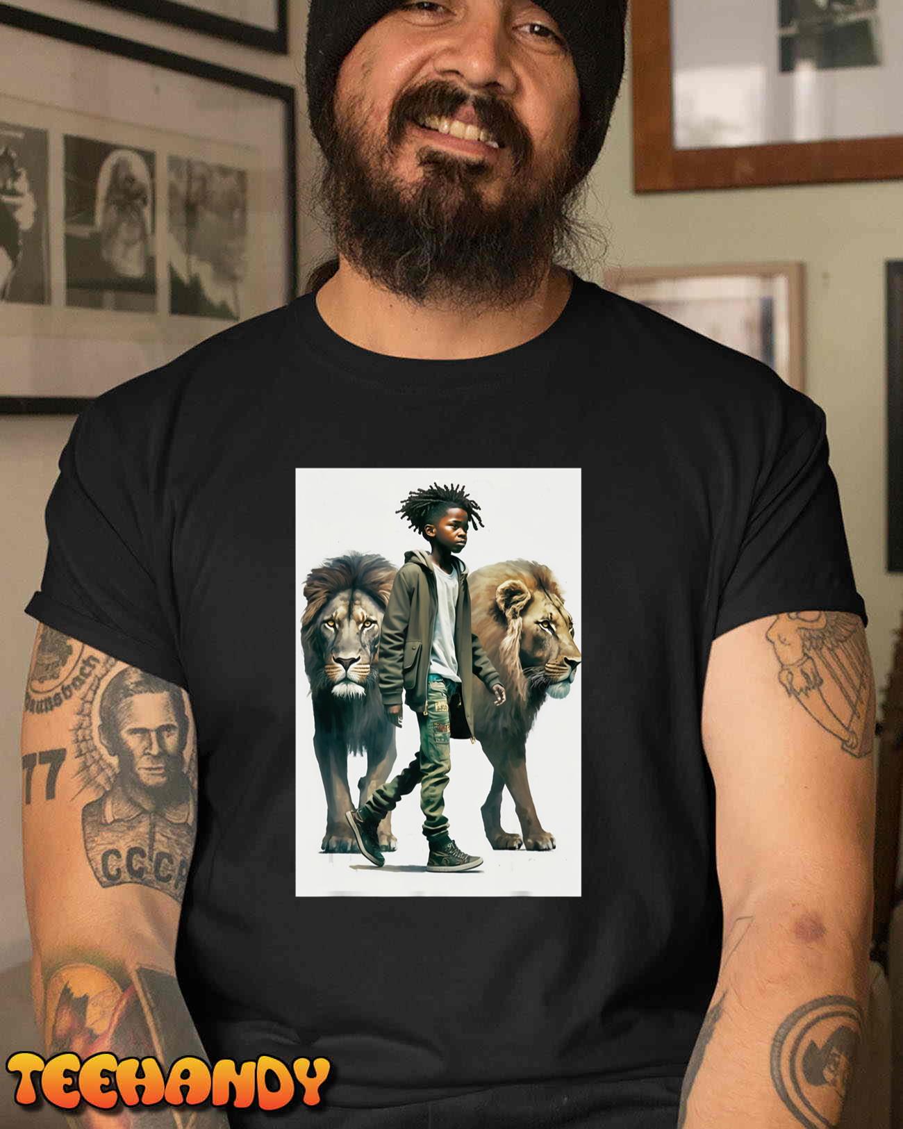 Black Boy Walking With Lions Confidence African American Men T-Shirt