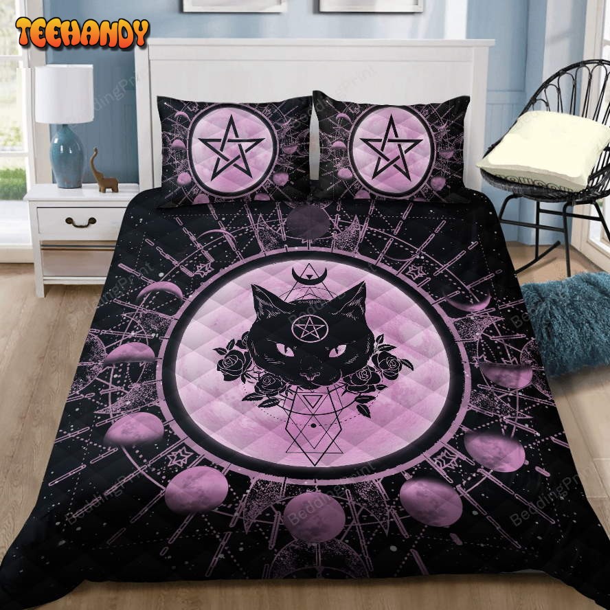 Black Cat And Moon Phase Purple Bedding Set