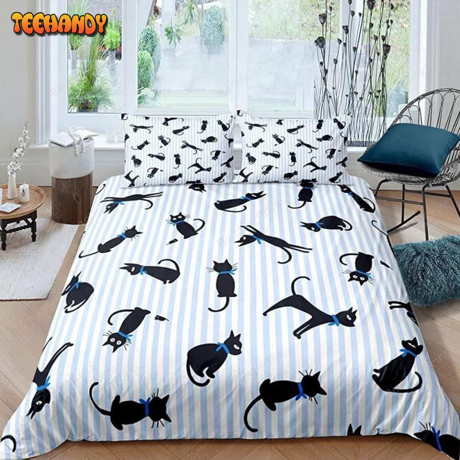 Black Cat Blue Stripes Bedding Set