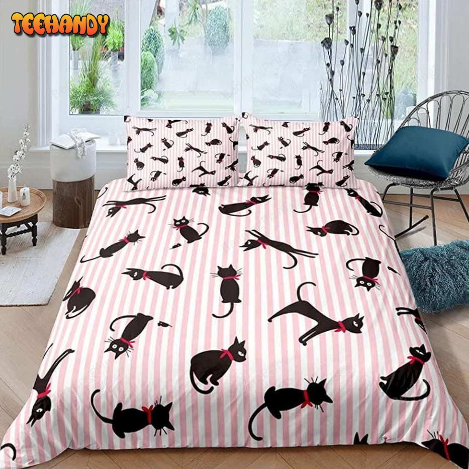 Black Cat Cute Pink Stripes Bedding Set