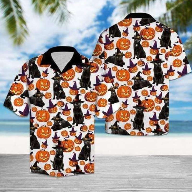 Black Cat Halloween Pattern Hawaiian Shirt