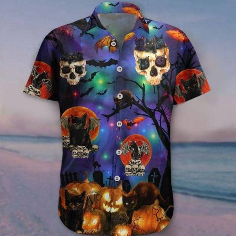 Black Cat Skull Halloween Hawaiian Shirt