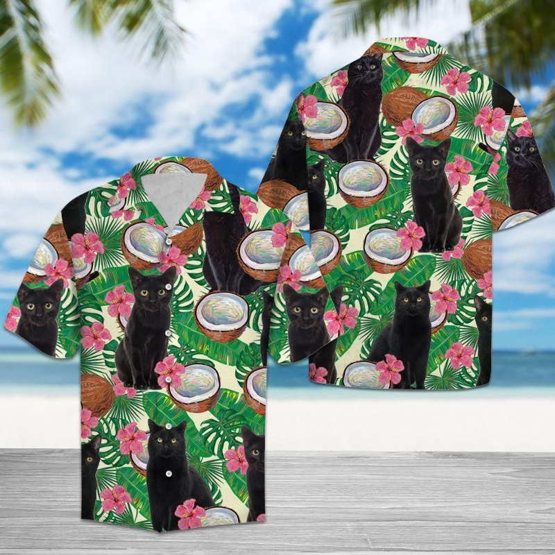 Black Cat Tropical Coconut Hawaiian Shirt