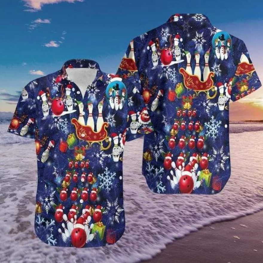 Bowling Merry Christmas Blue Hawaiian Shirt