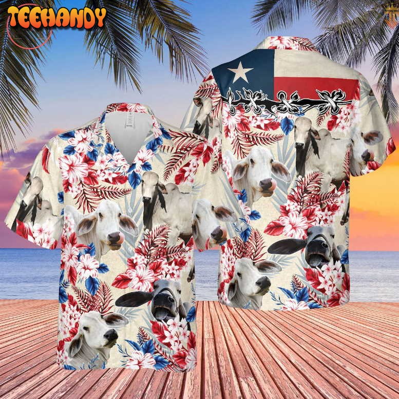 Brahman Cattle Texas Flag Hawaiian Shirt