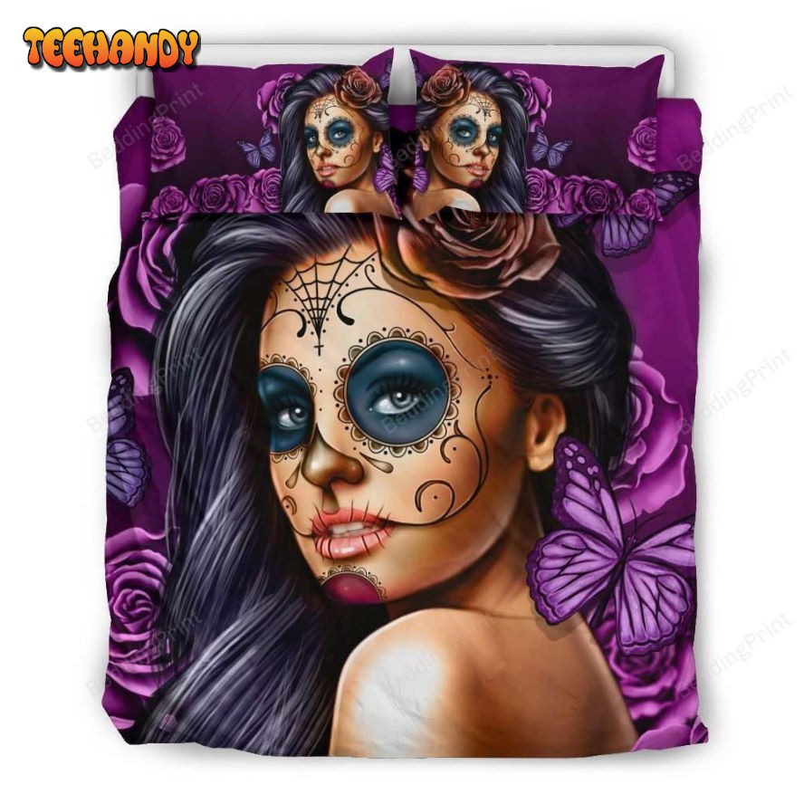 Calavera Violet on Black Duvet Cover Bedding Set