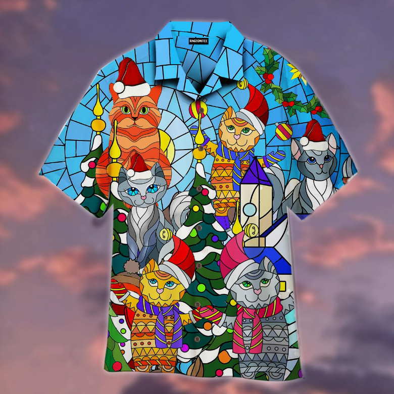 Cat Family Merry Christmas Stained Glass Hawaiian Shirt