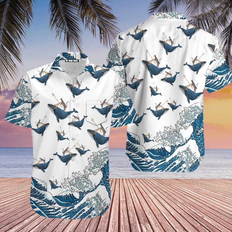 Cat Riding Whale Funny Hawaiian Shirt