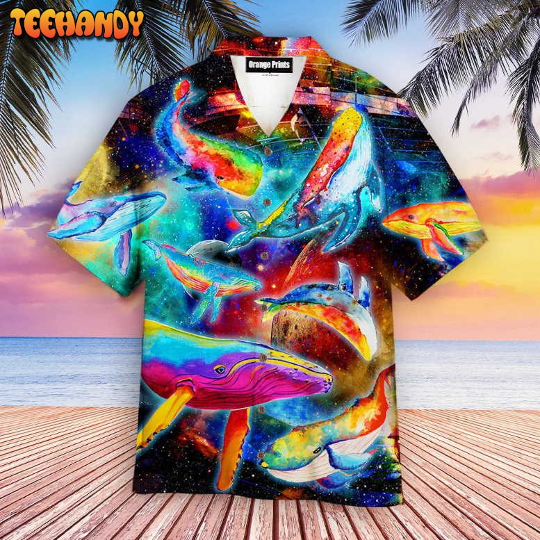 Colorful Whales Dancing In The Galaxy Neon Hawaiian Shirt