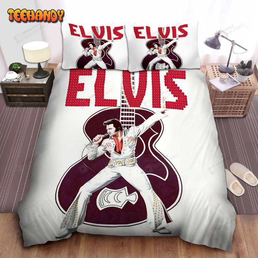 Elvis Presley In White Rhinestone Jumpsuit And His Guitar Painting Bedding Set