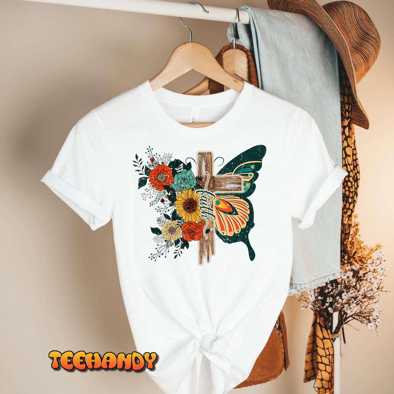 Faith Retro Cross Butterfly Religious Gifts Christian Women T-Shirt