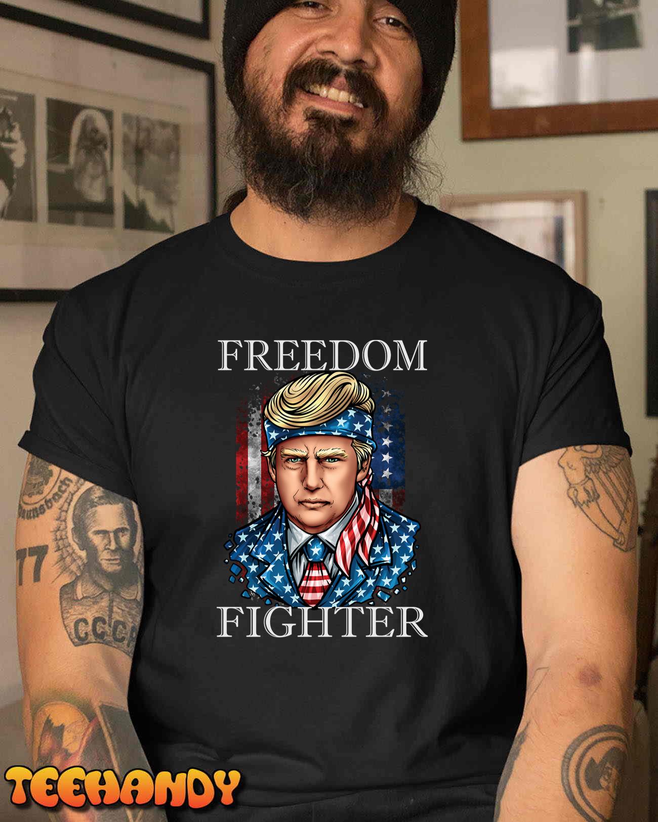 Freedom Fighter Donald Trump Supporter USA Flag T-Shirt