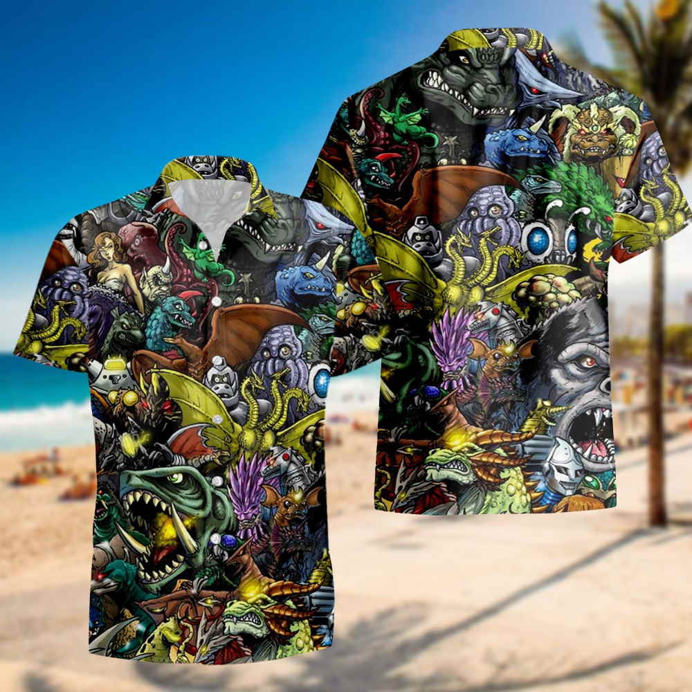 Gadzillo Collage Kaiju Monsters Hawaiian Shirts, Godzilla Destroy This ...