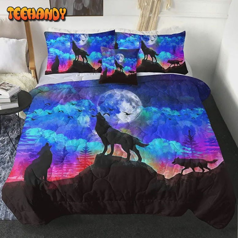 Galaxy Wolf Howling Under The Moon Bedding Sets