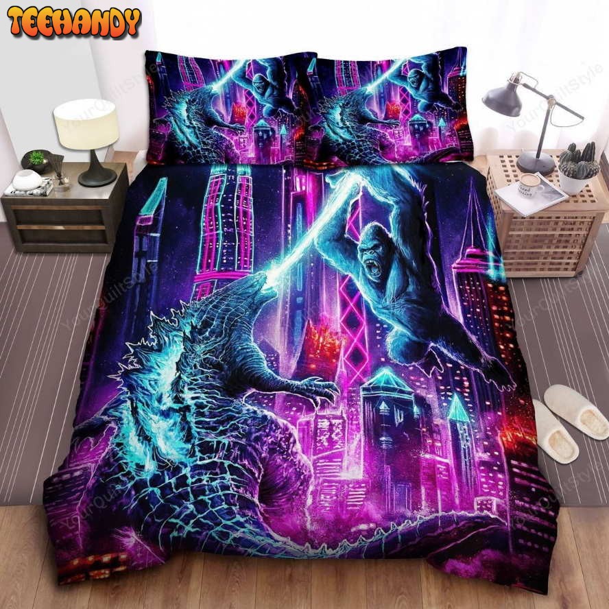 Godzilla And Kong Fighting In Neon Lights City Bedding Sets