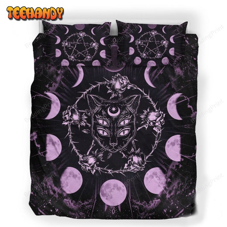 Gothic Black Cat Four Eyes And Roses Pentagram Bedding Set