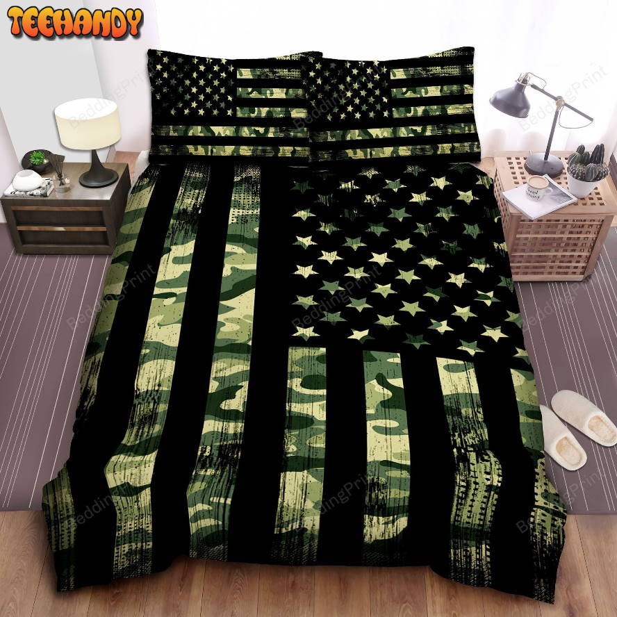 Green Camouflage American Flag Bedding Set