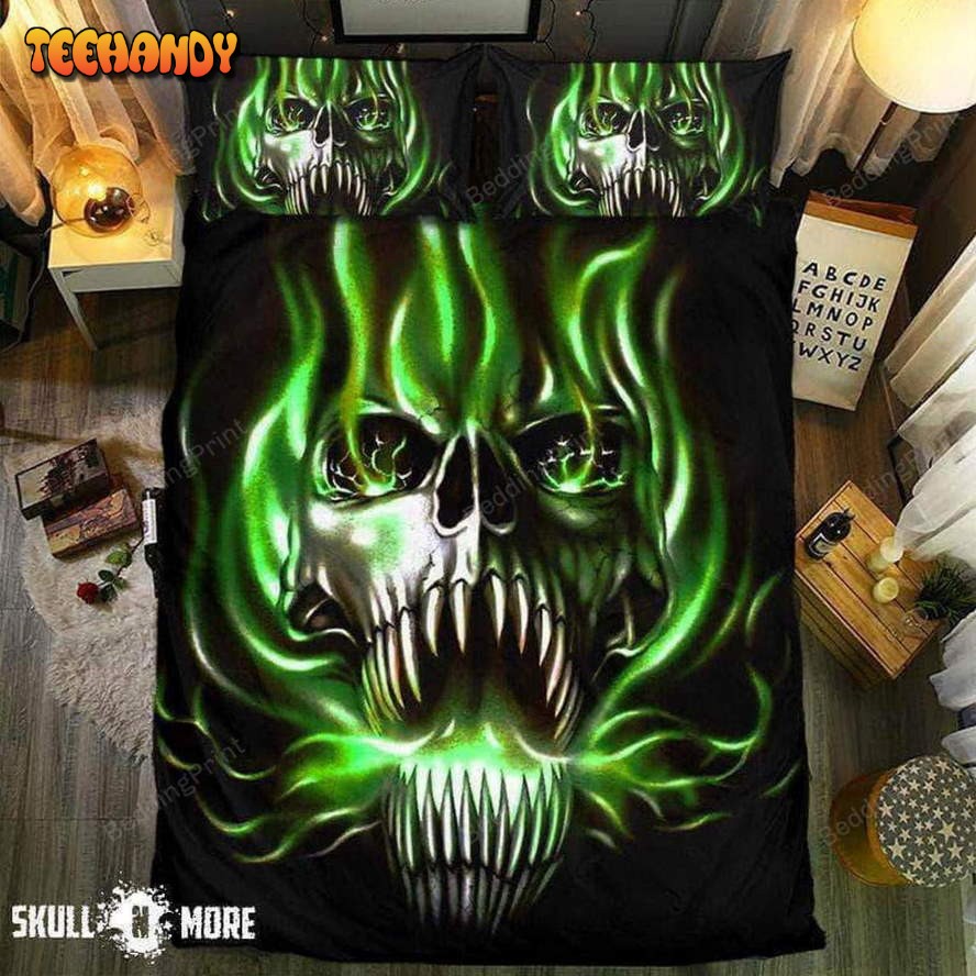 Green Flame Screaming Skull Bedding Set