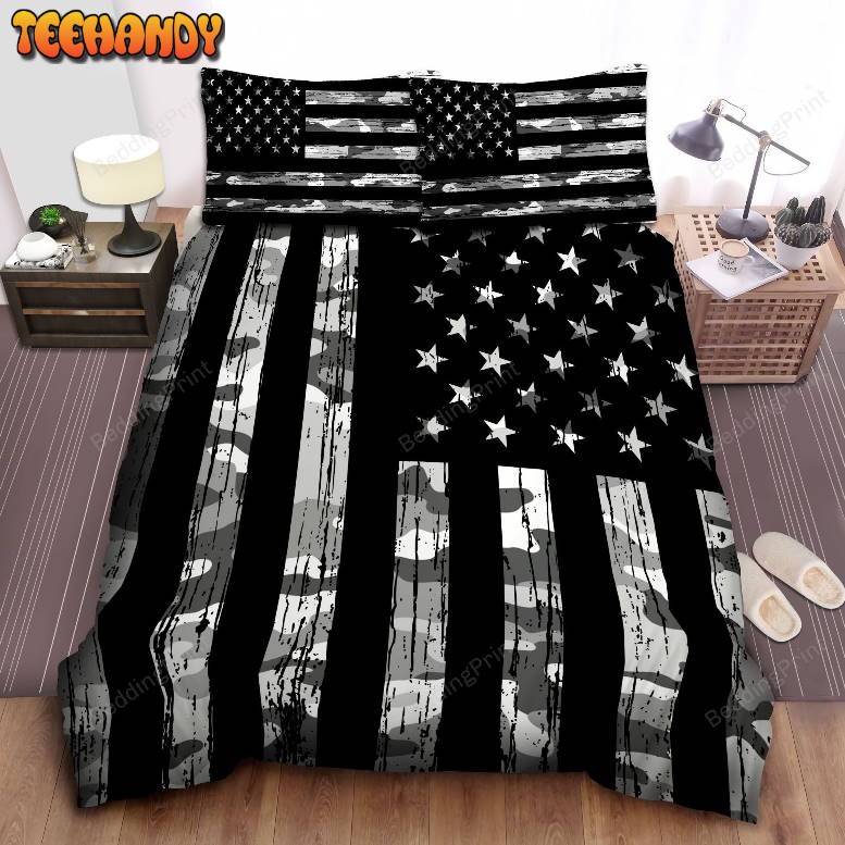 Grey Camouflage American Flag Duvet Cover Bedding Set