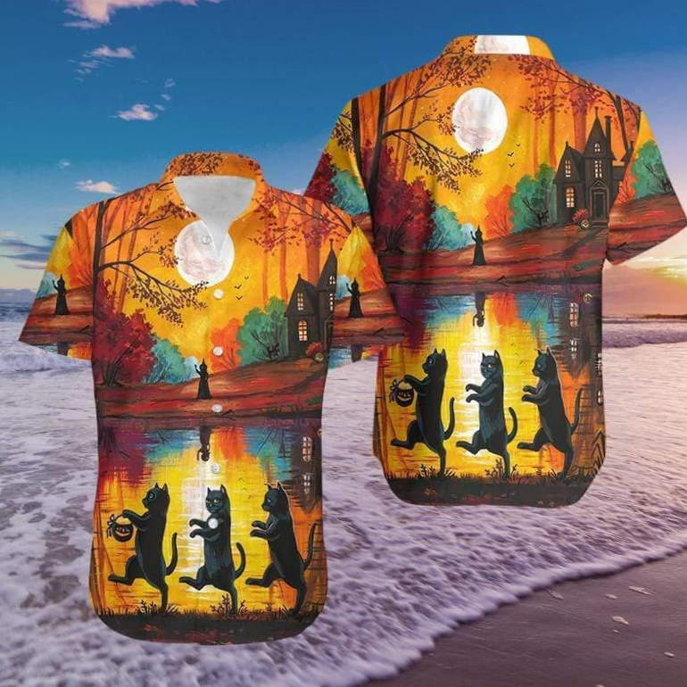 Halloween Walking Cat Hawaiian Shirt