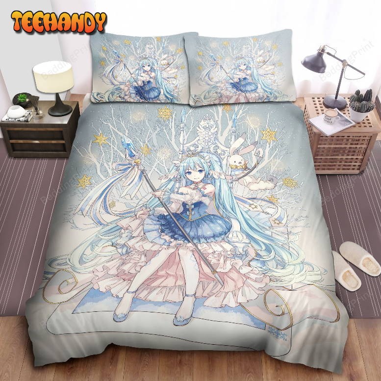 Hatsune Miku With Rabbit Yukine And Gold Snowflakes Bedding Set