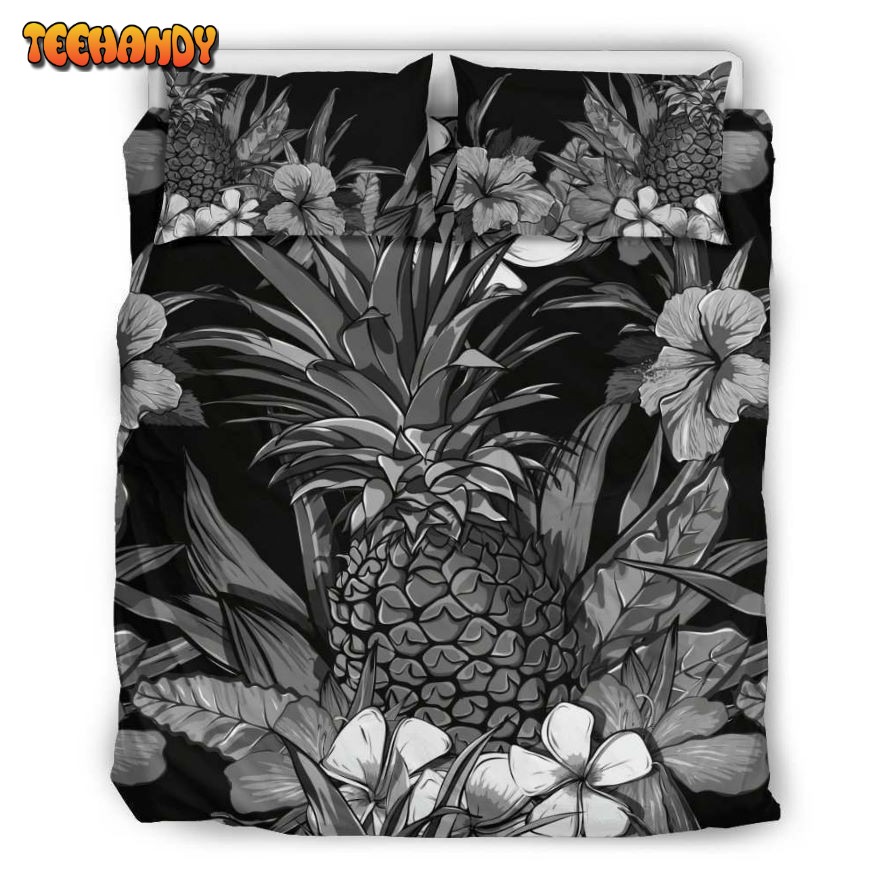 Hawaiian Hibiscus And Pineapple Black And White Bedding Set