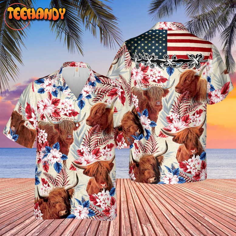 Highland Cattle American Flag Hawaiian Shirt