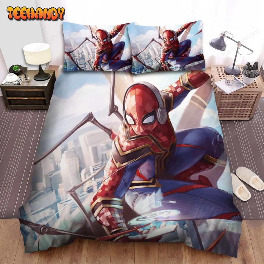 Iron Spider On Building Wall Wearing Headphone Bedding Sets