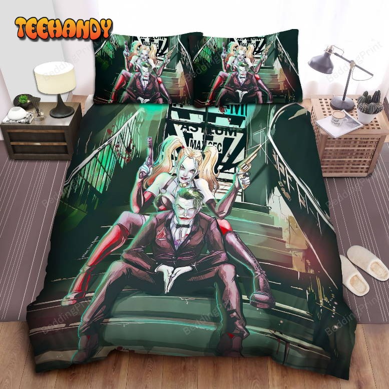 Joker And Harley On Stair With Guns Bedding Set