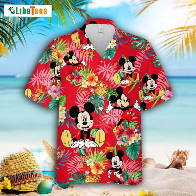 Mickey Mouse Disney Pineapple Hibiscus Red Hawaiian Shirt