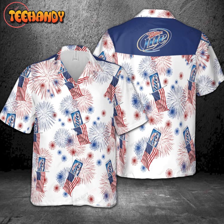 Miller Lite American Flag Fireworks Hawaiian Shirt