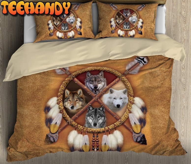 Native American Boho Wolf Dreamcatcher Brown Theme Duvet Cover Bedding Set