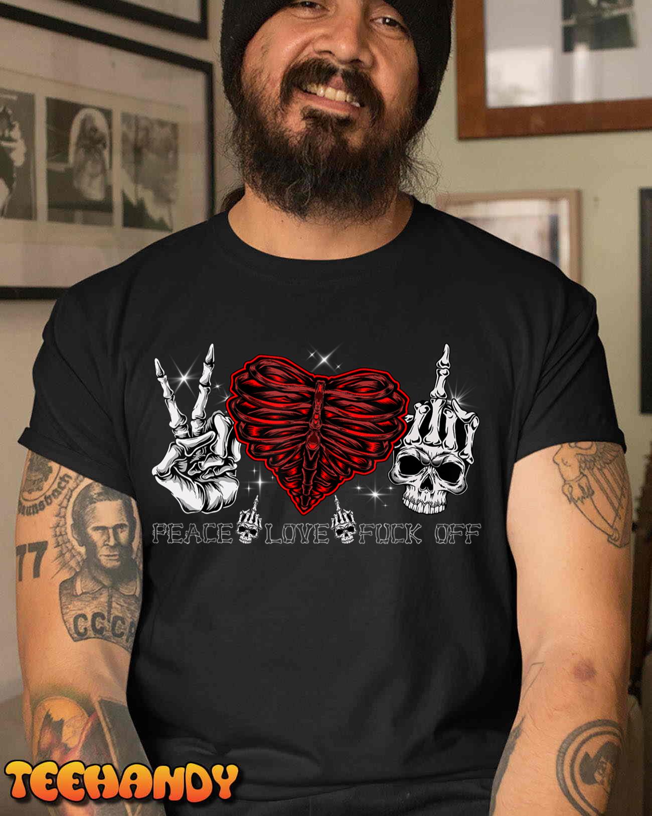 Peace Love Fuck-Off Skeleton Hand Half Heart Half Skull T-Shirt