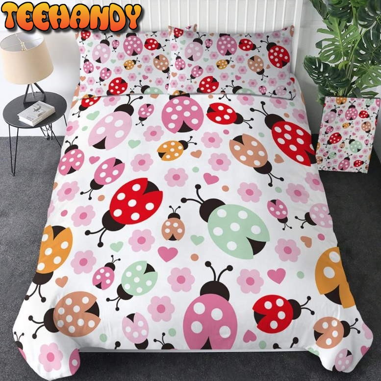 Pink Ladybug Flower Pattern Duvet Cover Bedding Set