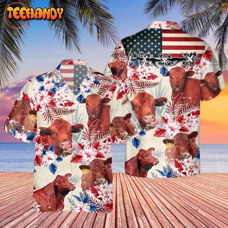 Red Angus Cattle American Flag Hawaiian Shirt