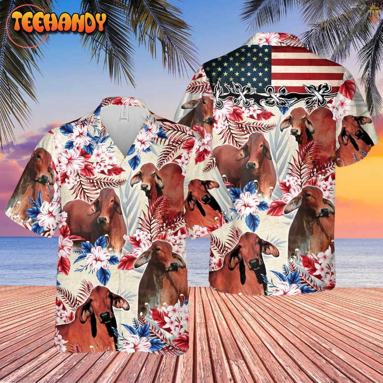 Red Brahman Cattle American Flag Hawaiian Shirt