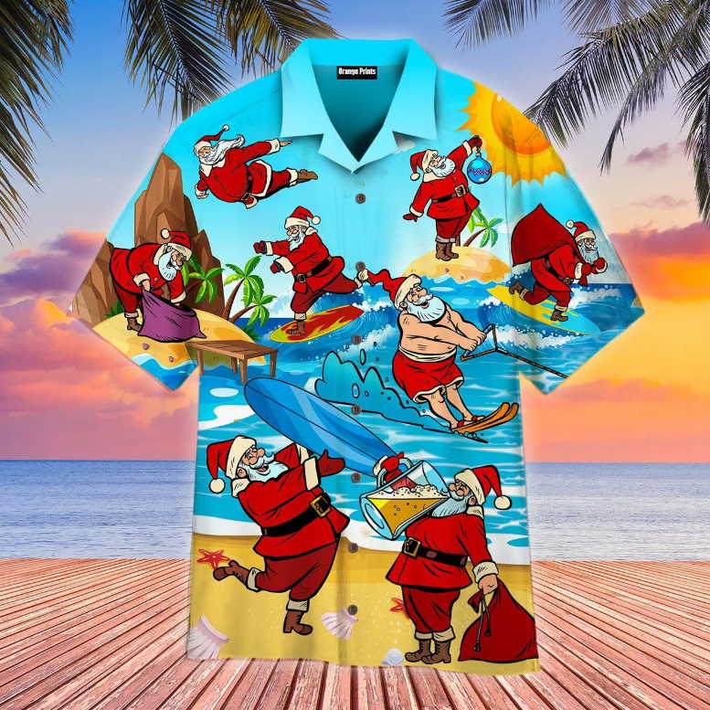 Santa Surfing On Christmas In July Beach Hawaiian Shirt