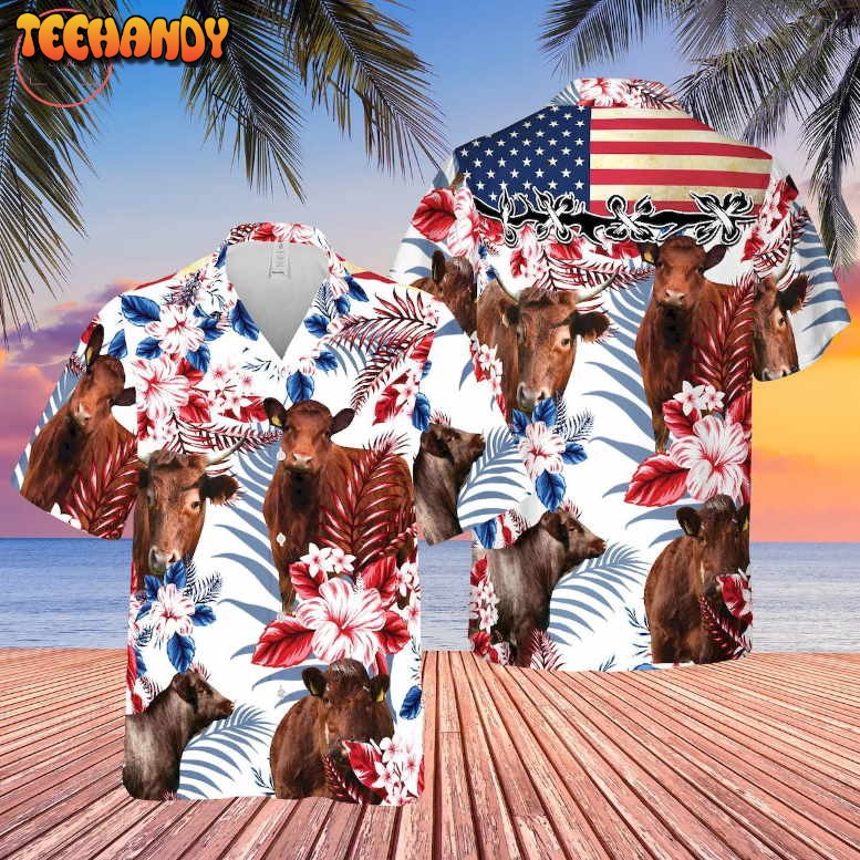 Shorthorn Cattle American Flag Hawaiian Shirt